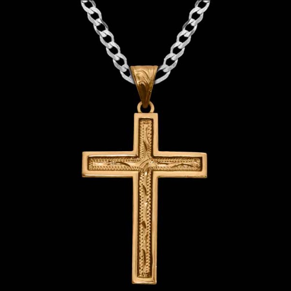 Our Abel Cross Pendant is handcrafted on a Jeweler’s Bronze base, featuring a classic traditional design with hand-engraved scrollwork and a smooth edge.

Size: 1.5"" x 2.0""

Get a Sterling Silver chain at a discounted price when 